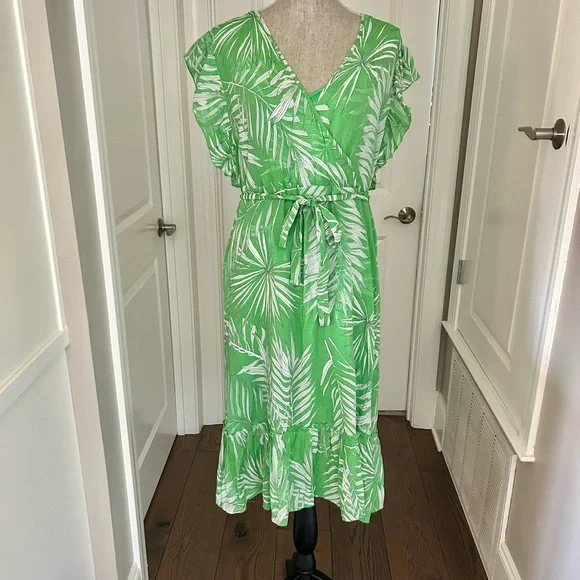 NWT! Mlle Gabrielle Woman’s Green & White Tropical Leaf Print Midi Dress. Sz L - Picture 5 of 14